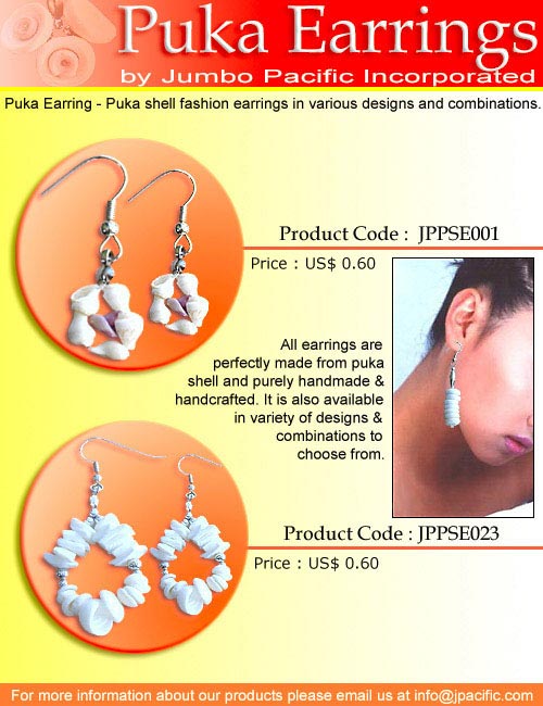 JPPSE001, JPPSE023 - Puka Earrings, puka shell fashion earrings in various designs and combinations. 