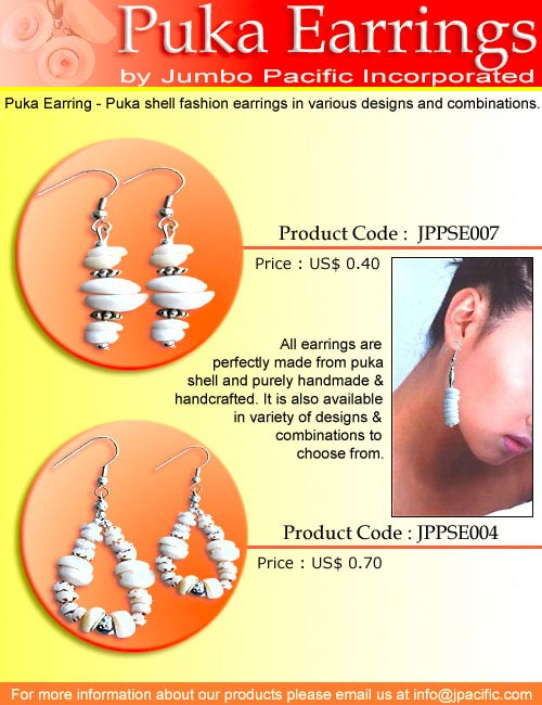 JPPSE007, JPPSE004 - Puka Earrings, puka shell fashion earrings in various designs and combinations. 