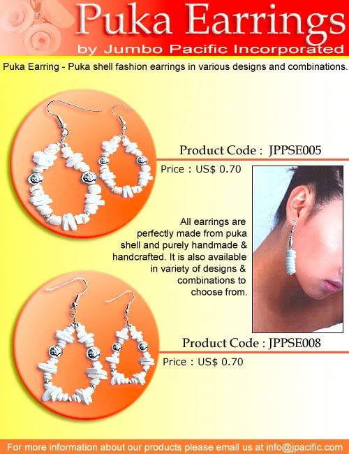 JPPSE005, JPPSE008 - Puka Earrings, puka shell fashion earrings in various designs and combinations. 