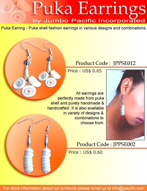 JPPSE012, JPPSE002 - Puka Earrings, puka shell fashion earrings in various designs and combinations. 