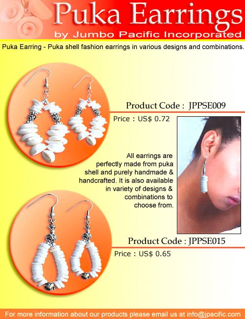 JPPSE009, JPPSE015 - Puka Earrings, puka shell fashion earrings in various designs and combinations. 