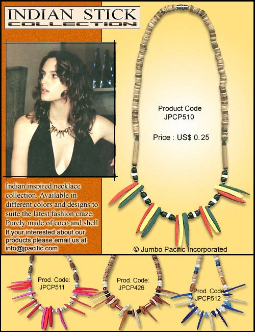 JPCP510, JPCP511, JPCP426, JPCP512 - Indian inspired necklace collection. Available in different colors and designs to suite the latest fashion craze. Purely made of coco and shell. 