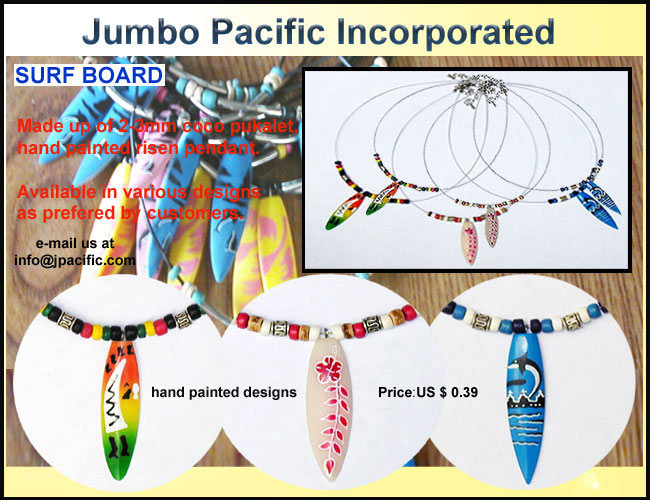 Surf Board Necklace -  Made up of 2-3mm coco pukalet surf board hand painted risen pendant. Available also in various designs. 