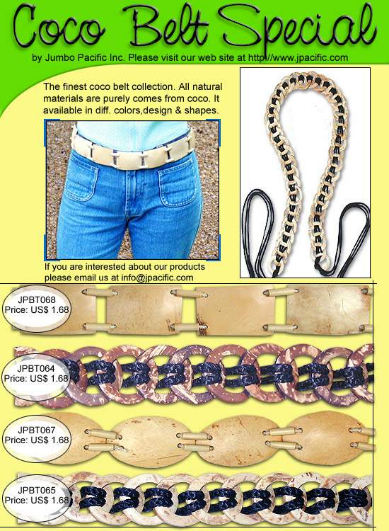 JPBT068, JPBT064, JPBT067, JPBT065 - Coco Belts. Purely made of natural coco. Available in any colors and designs. 