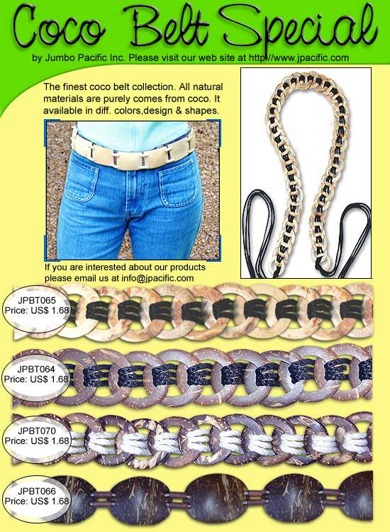 JPBT065, JPBT064, JPBT070, JPBT066 - Coco Belts. Purely made of natural coco. Available in any colors and designs. 