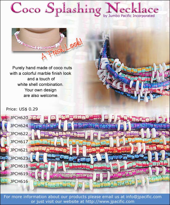 JPCH620, JPCH624, JPCH622, JPCH617, JPCH621, JPCH623, JPCH618, JPCH619, JPCH616 - Coco Splashing Necklace, Purely handmade of coco nuts with colorful marble finish look and a touch of white shell combination. 