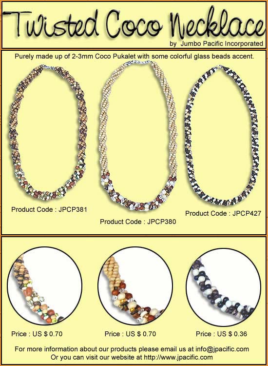 JPCP381, JPCP380, JPCP427 - Twisted Coco Necklace. Purely made of 2-3mm Coco Pukalet with some colorful glass beads accent. 
