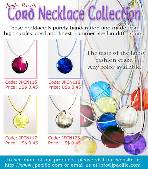 JPCN115, JPCN118, JPCN117, JPCN125 - Cord Necklace Collection. These necklace is purely handcrafted and made from high quality cord and finest Hammer Shell in different colors. 