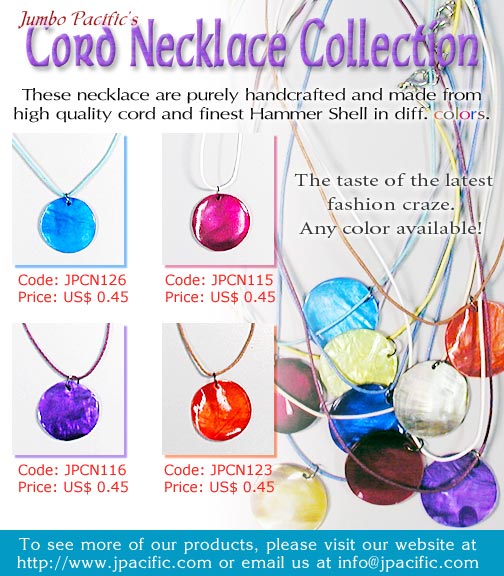 JPCN126, JPCN115, JPCN116, JPCN123 - Cord Necklace Collection. These necklace is purely handcrafted and made from high quality cord and finest Hammer Shell in different colors. 