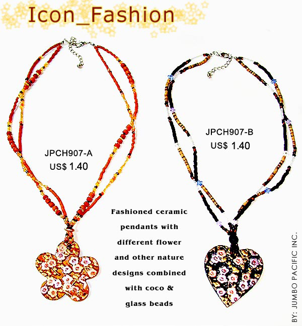JPCH907-A, JPCH907-B - Fashioned ceramic pendants with different flower and other nature designs combined with coco and glass beads.
 