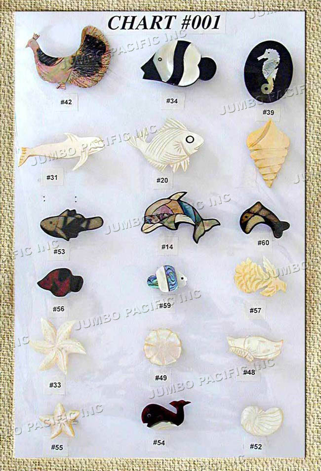 #42, #34, #39, #31, #20, #53, #14, #60, #56, #59, #57, #33, #49, #48, #55, #54, #52  - Chart Shell Pendants and Brooches
 