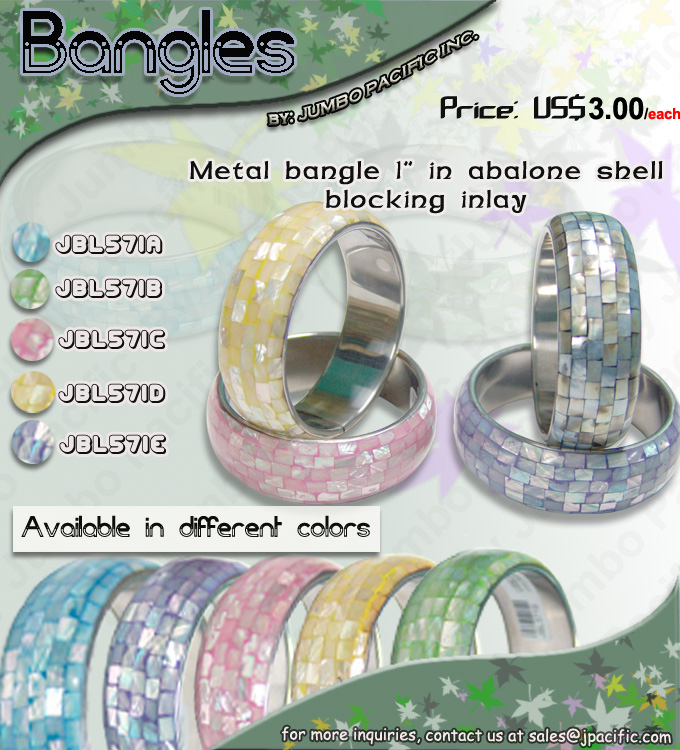 JBL571A, JBL571B, JBL571C, JBL571D, JBL571D - Metal Bangles. Metal bangle 1 in abalone shell blocking inlay. 