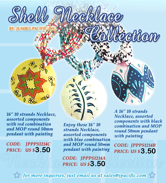 Exotic necklace 16 inch with MOP shell Pendant Philippine necklace 16 inch, with 10 strands assorted components with red, blue and black color combination & MOP round 50mm pendant with painting. Product Codes are JPPPS1214C, JPPPS1214A, JPPPS1214B