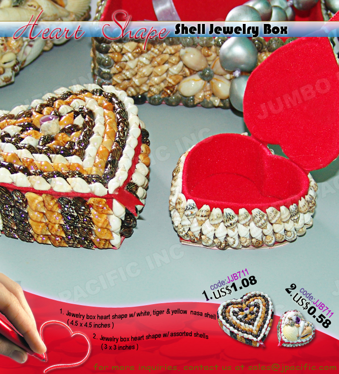 Jewelry Shell Boxes in Heart Shape Design Shell Jewelry boxes that are designed in heart shape are handmade beautifully. these jewelry boxes are made from assorted shells such as white, tiger and yellow nasa shell. Product Code: JJB711 - Jewelry box heart 4.5x4.5 inches in nasa shell white, tiger & yellow. JJB78 - Jewelry box heart 3x3 inches in assorted shell.