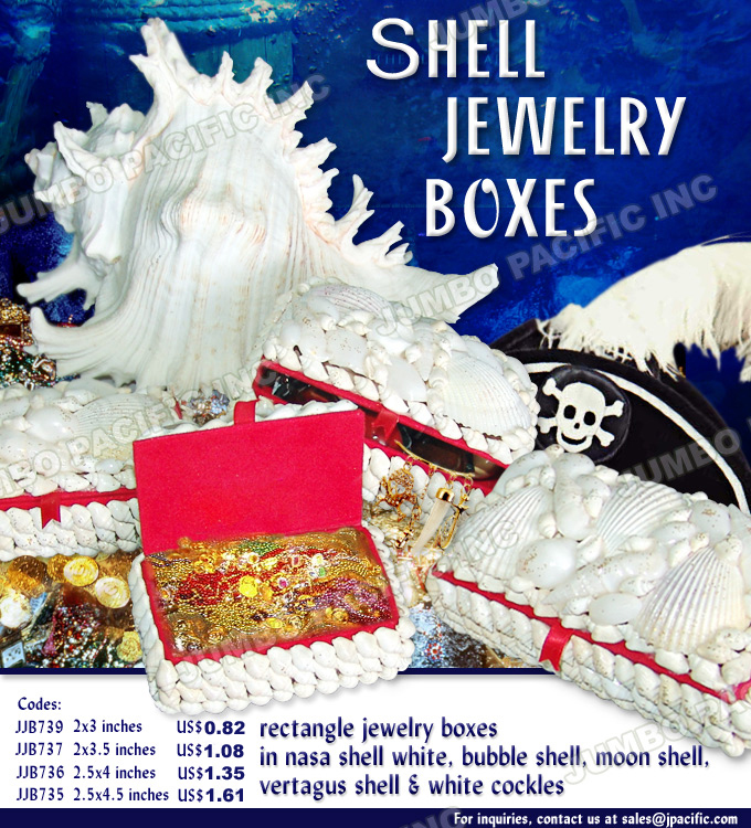 Elegant Rectangle Jewelry Boxes Rectangle Jewelry Box that is expertly handmade in natural shell materials such as nasa wihte shell, bubble shell, moon shell, vertagus shell and white cockles. These rectangular jewelry boxes are exotic and elegant. Product Codes: JJB739, JJB737, JJB736, JJB735.