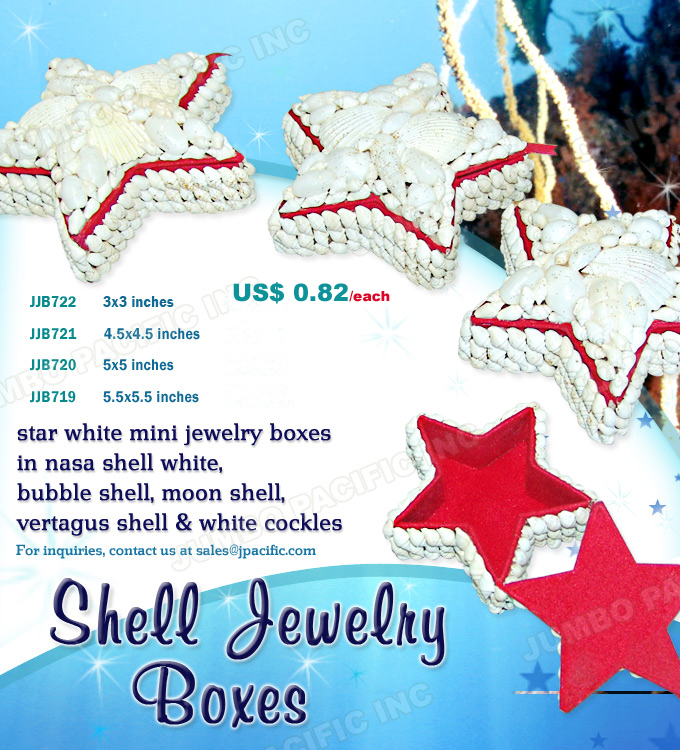 Mini Shell Jewelry Box star Shape Mini star shape shell jewelry box that are Philippine products that are handmade for export quality. The natural seashell material that are use to make this mini shell jewelry box star shape are bubble shell, vertagus shell, nasa shell white and white cockles shell. Product Code: JJB722, JJB721, JJB720, JJB719
