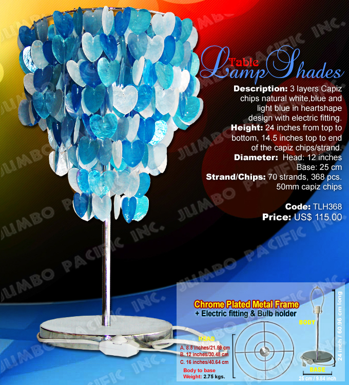 Heart Table Lamps Code:TLH368 - Round shape table lamp shades made of capiz shell in chrome plated metal frame.