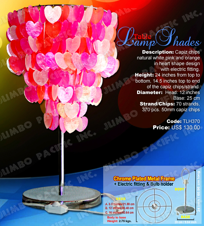 Pink Heart Capiz Lamp Shades Code:TLH370 - Heart shape table lamp shades made of capiz shell in chrome plated metal frame.