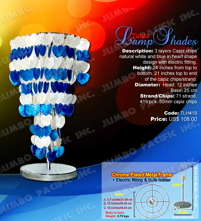 Heart Table Lamps Code:TLH419 - Heart shape blue and white table lamp shades made of capiz shell in chrome plated metal frame.