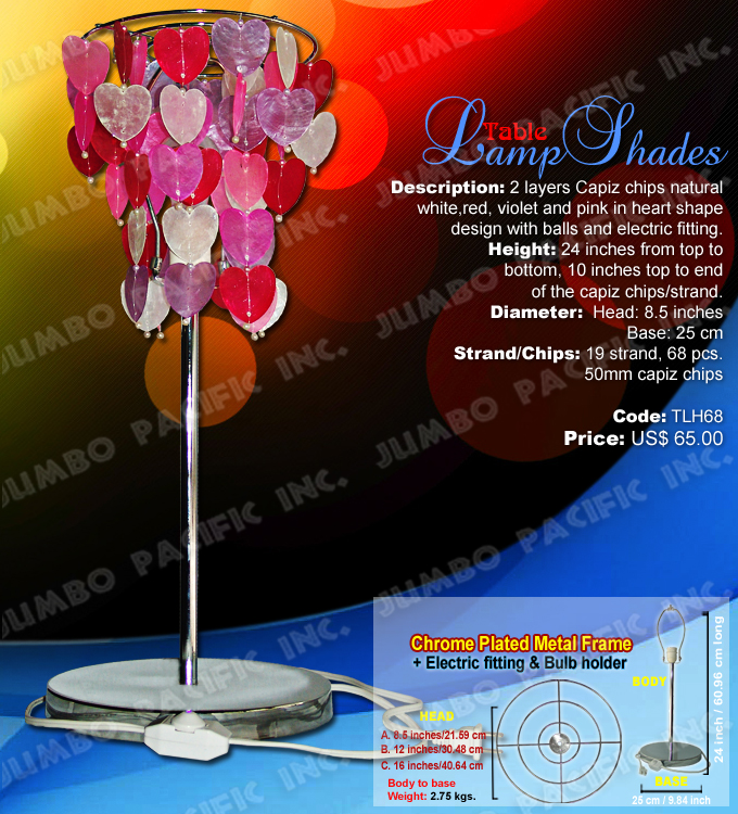Heart Capiz Lamp Shades Code:TLH68 - Heart shape table lamp shades made of capiz shell in chrome plated metal frame.