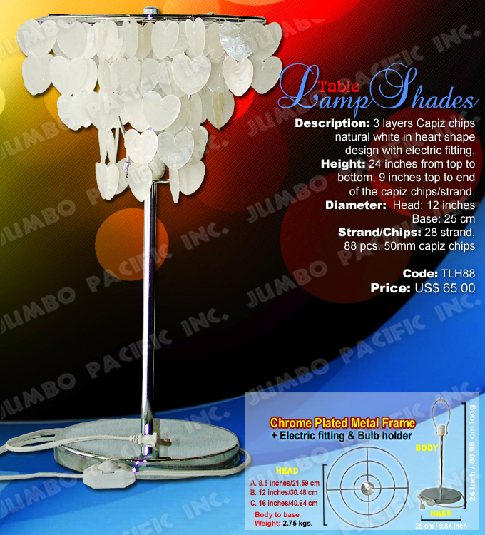 Heart Table Lamp Shades Code:TLH88 - Heart shape table lamp shades made of capiz shell in chrome plated metal frame.