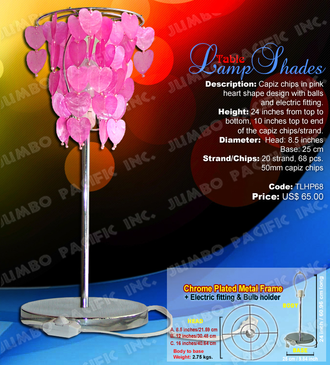 Pink Table Lamp Shades Code:TLHP68 - Heart shape pink with balls table lamp shades made of capiz shell in chrome plated metal frame.