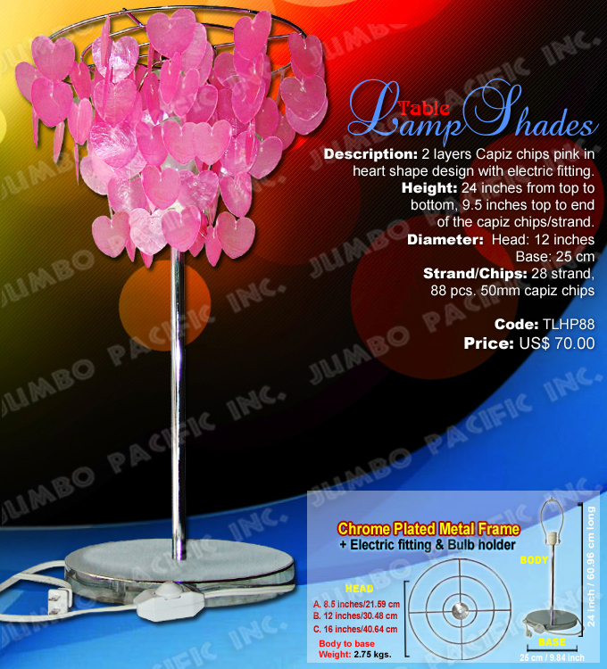 Pink Table Lamps Code:TLHP88 - Heart shape pink table lamp shades made of capiz shell in chrome plated metal frame.