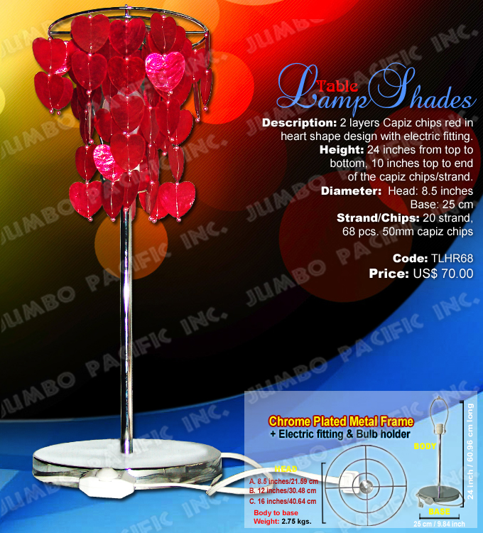 Red Table Lamp Shades Code:TLHR68 - Heart shape red with balls table lamp shades made of capiz shell in chrome plated metal frame.
