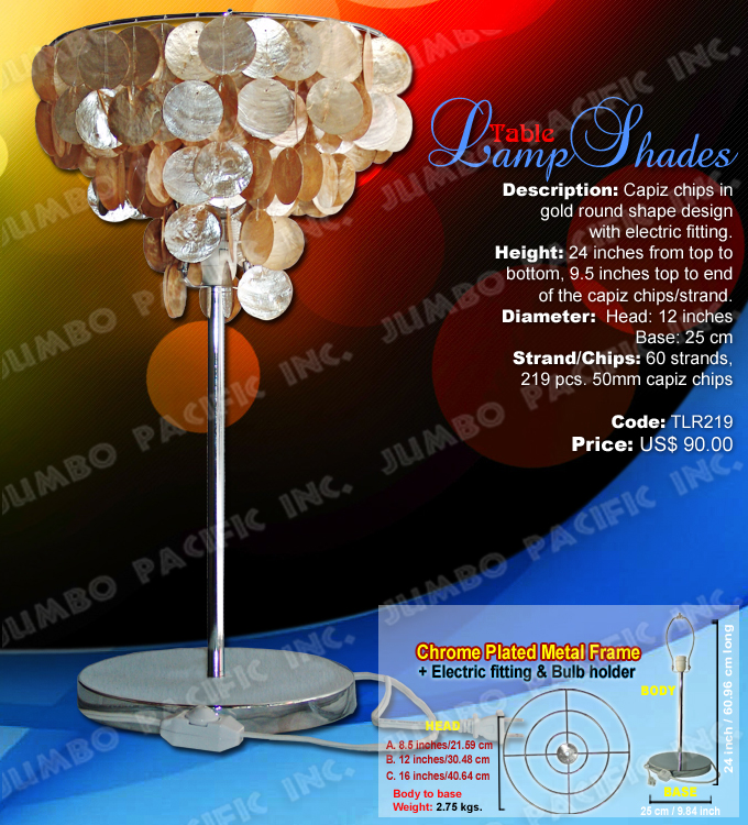 Gold Table Lamp Shades Code:TLR219 - Round shape gold table lamp shades made of capiz shell in chrome plated metal frame.