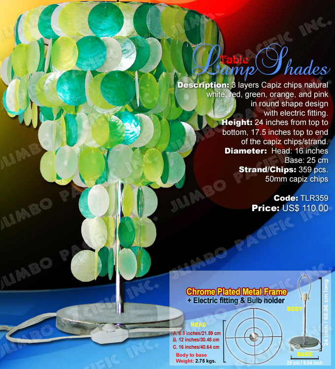 Table Capiz Lamp Shades Code:TLR359 - Round shape multi colored green table lamp shades made of capiz shell in chrome plated metal frame.