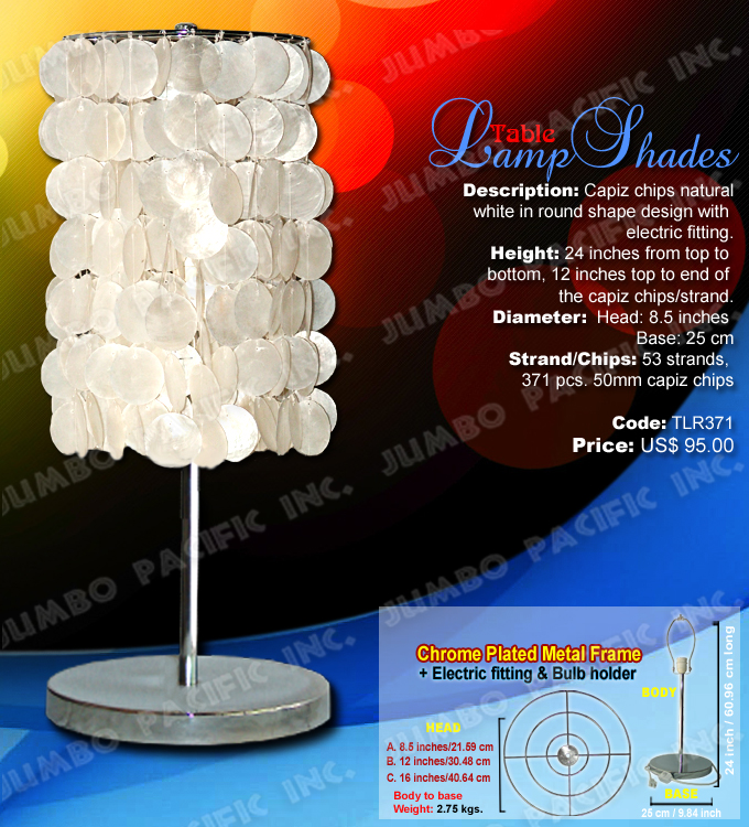 Table Capiz Lamp Shades Code:TLR371 - Round shape natural white table lamp shades made of capiz shell in chrome plated metal frame.