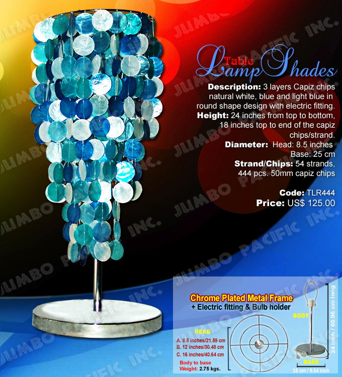 Table Capiz lamp Shades Code:TLR444 - Round shape blue table lamp shades made of capiz shell in chrome plated metal frame.