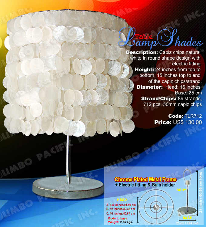 Table Capiz Lamp Shades Code:TLR712 - Round shape table lamp shades made of capiz shell in chrome plated metal frame.