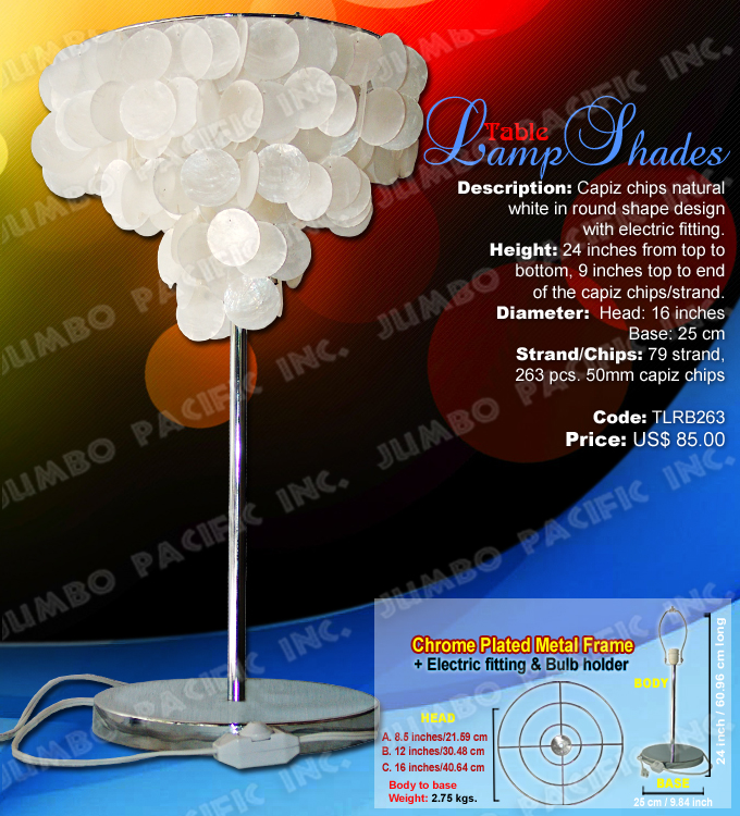 Table Capiz Lamp Shades Code:TLRB263 - Round shape table lamp shades made of capiz shell in chrome plated metal frame.