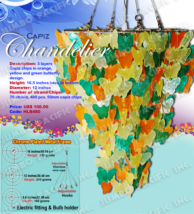 Butterfly Shape Capiz Chandelier 
The Cheapest Manufacturer and wholesaler of all natural and multi colored, small or long size capiz chandelier in the Philippines.
