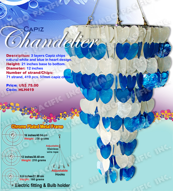 Heart Shape White and Blue Capiz Chandelier The Cheapest Manufacturer and wholesaler of all natural and multi colored, small or long size capiz chandelier in the Philippines.