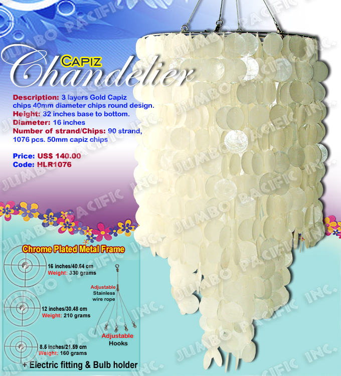 3 Layers Natural White Capiz Chandelier 
The Cheapest Manufacturer and wholesaler of all natural and multi colored, small or long size capiz chandelier in the Philippines.